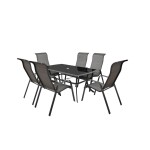 <p>Combined&nbsp;set&nbsp;of six&nbsp;chairs&nbsp;(stackable)&nbsp;and&nbsp;a&nbsp;table&nbsp;made of aluminium&nbsp;profiles.&nbsp;Table&nbsp;with tempered&nbsp;black glass.&nbsp;Suitable for sheltered garden areas.</p>