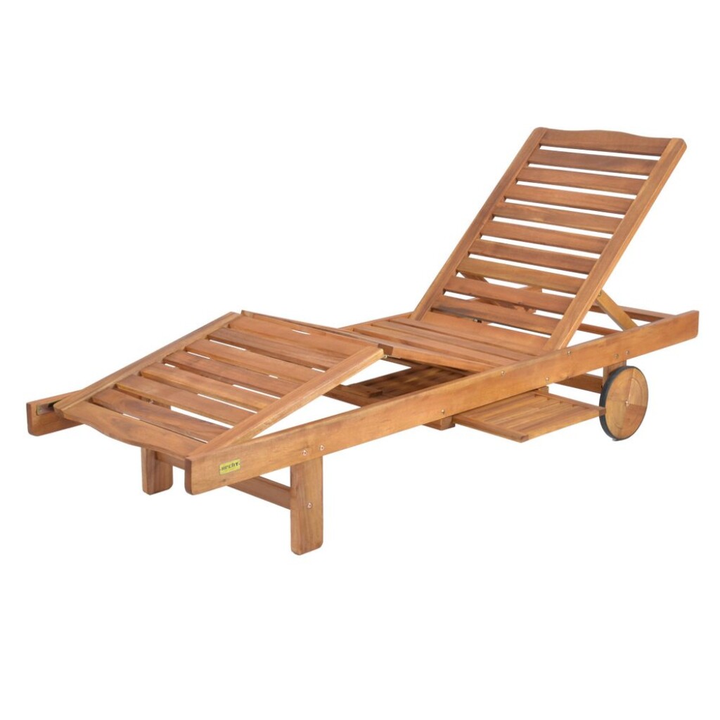 Luxurious reclining chaise longue made of tropical acacia wood with magazine rack. Load capacity 200 kg.