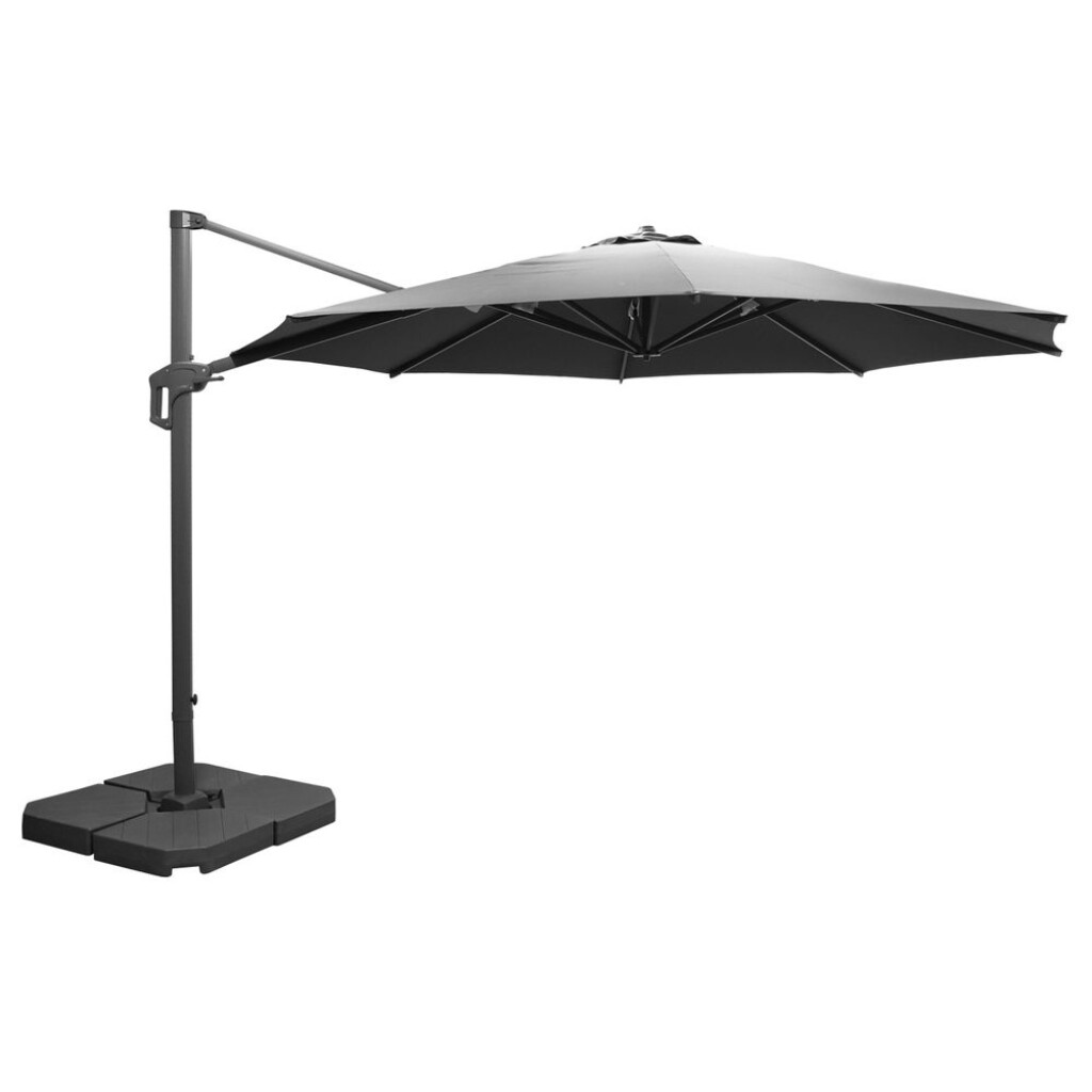 Aluminium parasol with a diameter of 3.5 m with cross base. 8 cross bars 17 x 25 mm. Pole diameter 53 x 80 mm. Easy to open and close with handle. Polyester 200 g/m2 with ventilation. Base 100 x 100 cm.