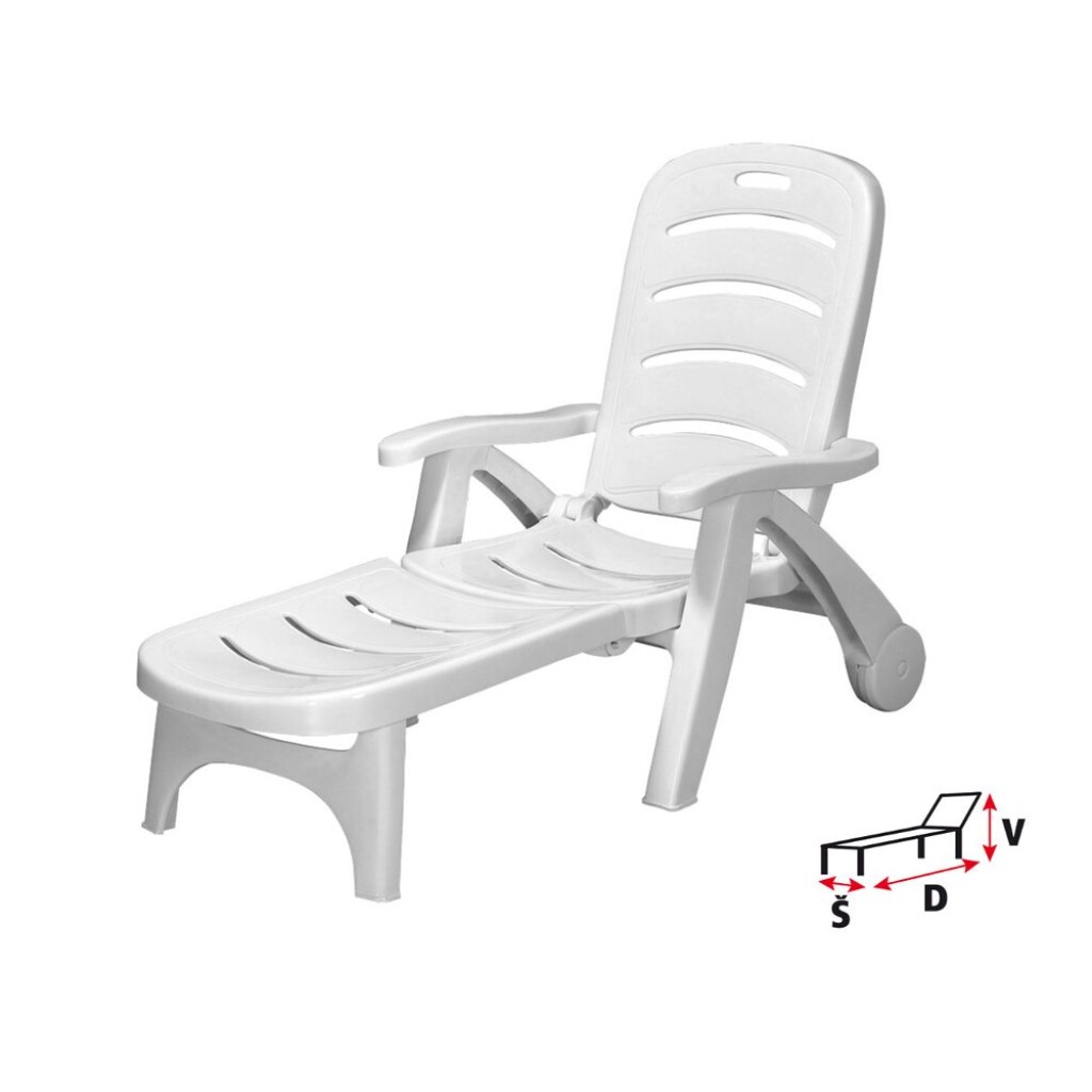 Luxusní polohovatelné plastové lehátko. Vhodné pro exteriéry i interiéry. Vhodné pro použití ve vlhkém prostředí. Rozměry: 140 x 77 x 106 cm.