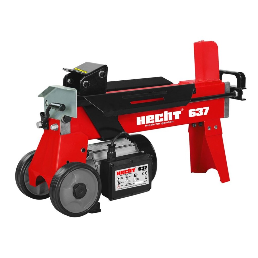 Elelctric horizontal log splitter. Power input 1500 W. Length of log up to 37 cm. Max. pressure 4 tons. Handles and transport wheels. Weight 43 kg.