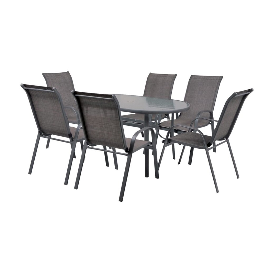 Kombinovaná sestava šesti židlí a jednoho stolu. Kvalitní hliníková konstrukce. Stůl s tvrzeným sklem s otvorem pro slunečník.