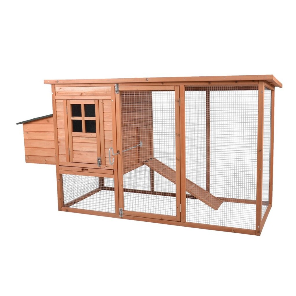 Henhouse with paddock without ground wires. Possibility of locking over night. Made of durable fir wood. Roof covered with asphalt shingle Dimensions (L x W x H): 201 x 68 x 102 cm.