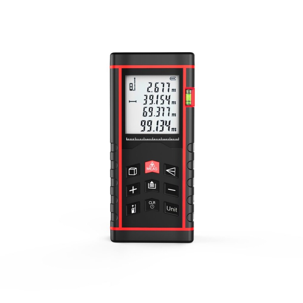 Laser distance measurer with a measuring range of 0.05-50 m. Basic and advanced measurement with area