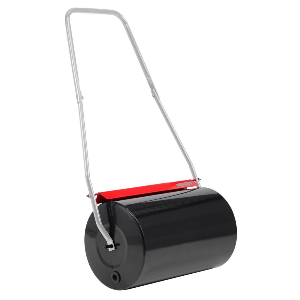 Hand-held garden roller with dirt wiper. Weight with load approx. 50 kg. 50 cm reach. Roller diameter 32 cm. Grade II (paint defect).