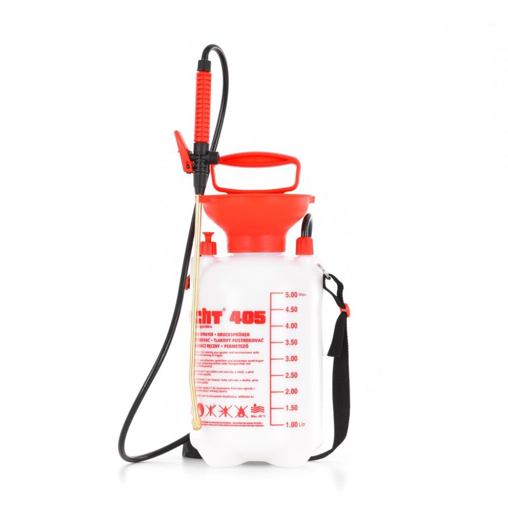 Manual piston powered knapsack sprayer with tank volume of 5&nbsp;litres and maximal pressure 3&nbsp;bar. Equipped with adjustable spraying&nbsp;jet and release lock.