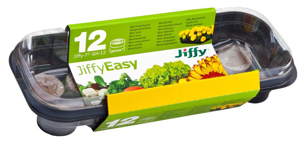 Mini Propagator GH-12 + 12 Jiffy-7® Peat Pellets Includes transparent top cover and bottom part with 12 Jiffy-7® peat pellets with a diameter of 36 mm. 27 x 11.5 x 6 cm.
