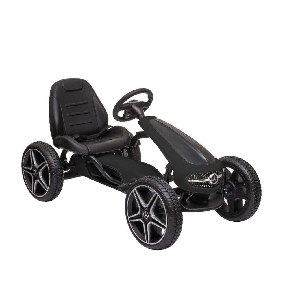 Pedal go-kart for kids. Rubber tires. Handbrake. Adjustable seat. Maximum weight capacity 25 kg. Recommended age: 3 - 7 years. Official license Mercedes.