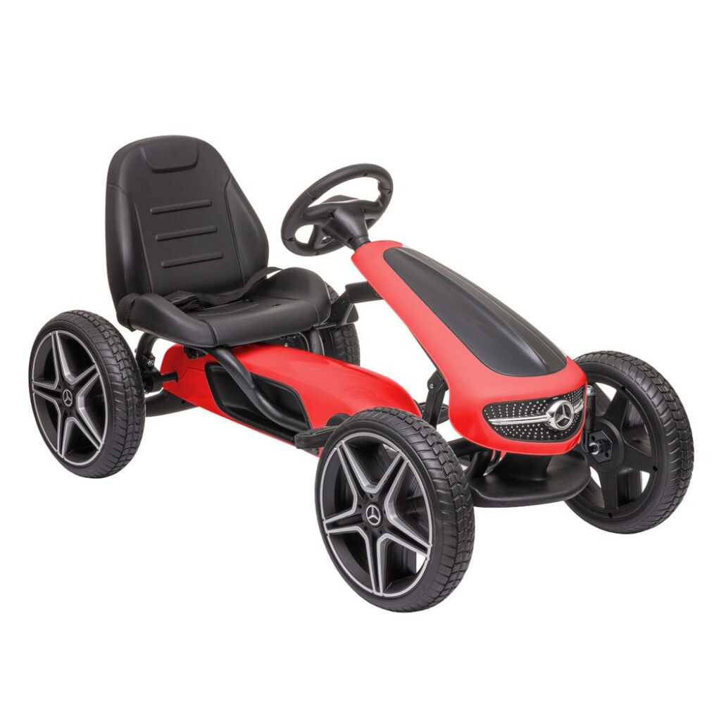 Pedal go kart for kids. Rubber tires. Handbrake. Adjustable seat. Maximum weight capacity 25 kg. Recommended age: 3 - 7 years. Official license Mercedes.