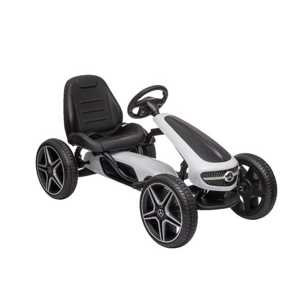Pedal go-kart for kids. Rubber tires. Handbrake. Adjustable seat. Maximum weight capacity 25 kg. Recommended age: 3 - 7 years. Official license Mercedes.