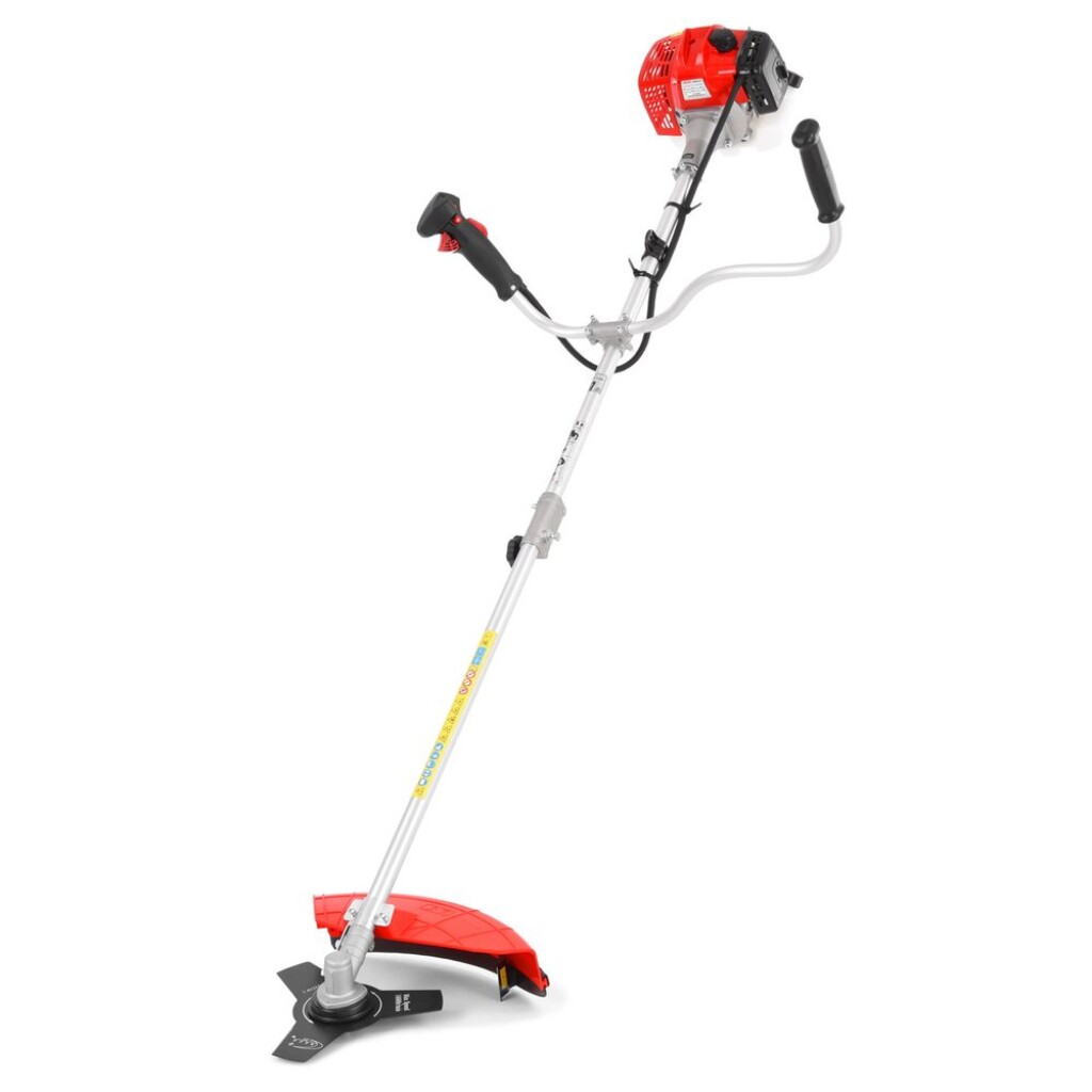 Practical and light motor brushcutter with a width of 25.5 / 43 cm and a power of 0.75 kW (1.1 HP) with a string head and a metal disc. Weight 6.5 kg. Engine capacity 25.4 cm3.