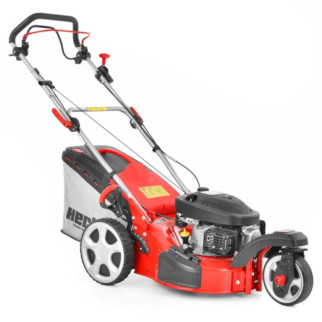 Petrol lawn mower with self propelled system. Working width: 43 cm. Engine displacement: 98.5 ccm. Collecting box: 50 l.