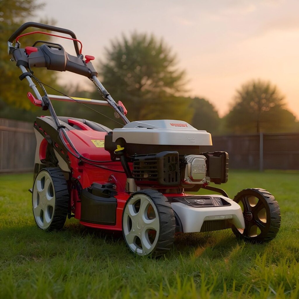 equipped with ball bearings. Powered by 4 stroke OHV engine with displacement of 173 cm3. Working width 51 cm. Suitable for areas of up to 1600 m2. Central adjustment of cutting height. Mulching kit included