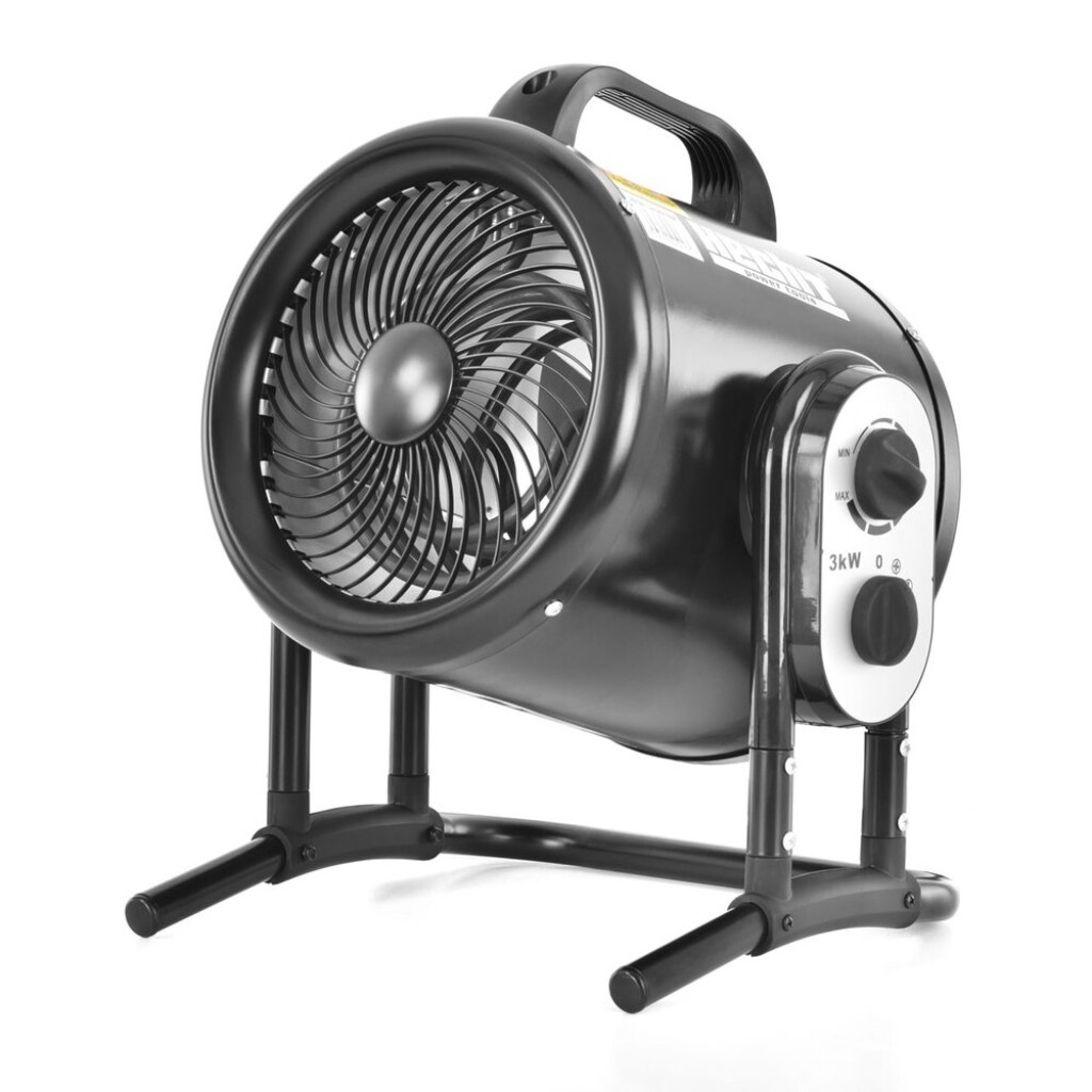 Electric powered heater with fan and thermostat.
