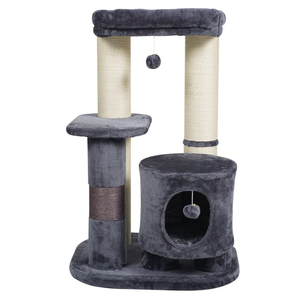 Scratching post and resting place for cats PROMINENT SIMBA S (grey). Made of plush and natural sisal. Dimensions 55 x 65 x 100 cm.