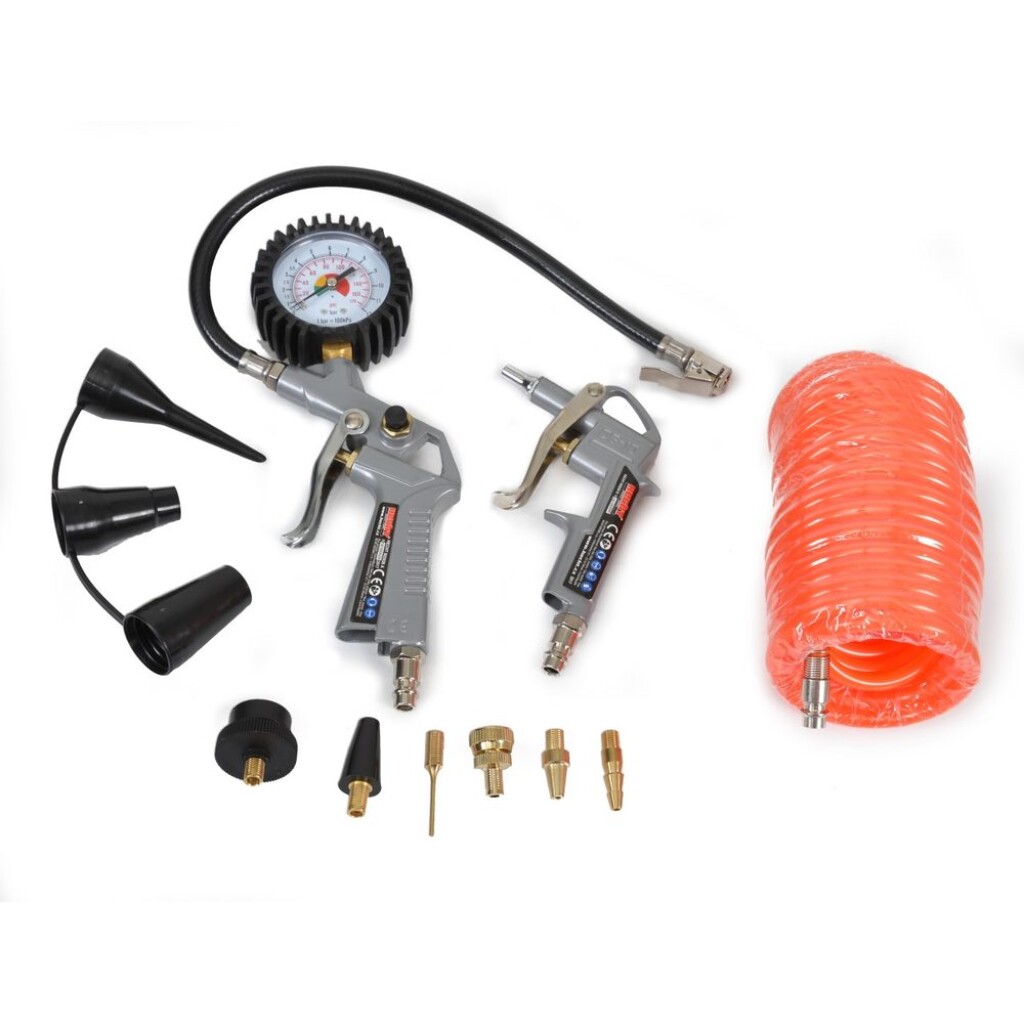 Set of accessories for HECHT compressors. The set contains a 5 m pressure spiral hose for connecting the gun to a compressor with 1/4 "quick couplings. Gun with a manometer for inflating tires