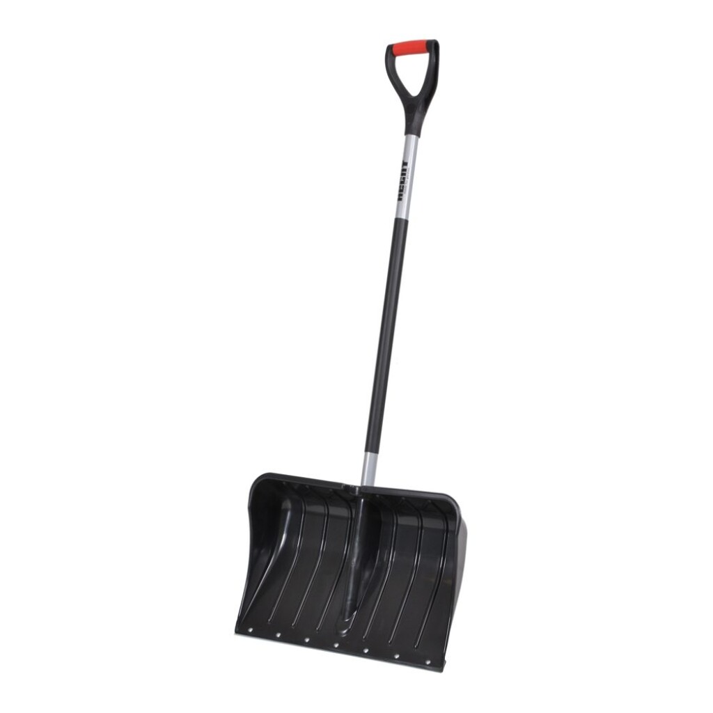 Snow rake with plastic handle reinforced with steel tube