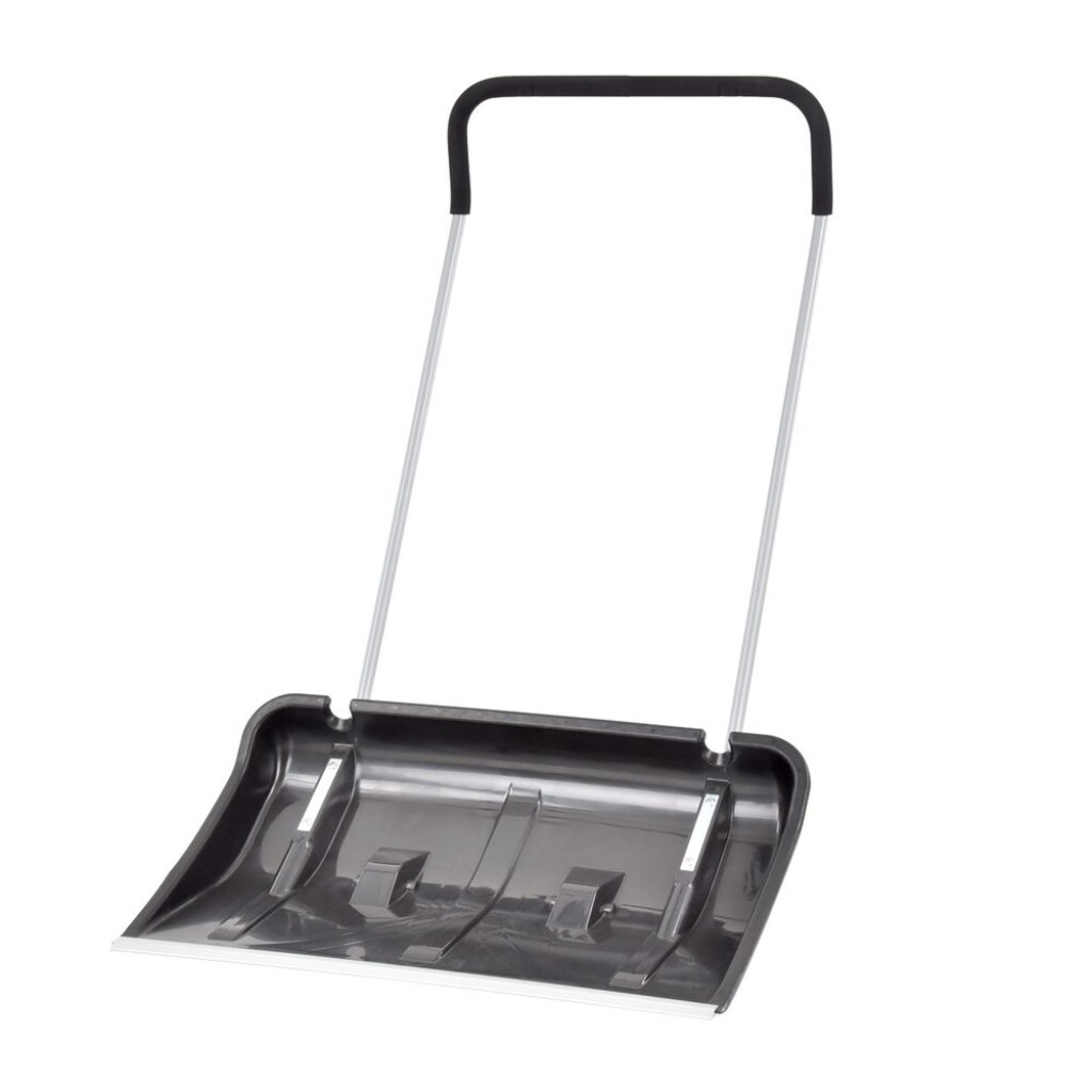 Snow pusher with metal bar and wheels.