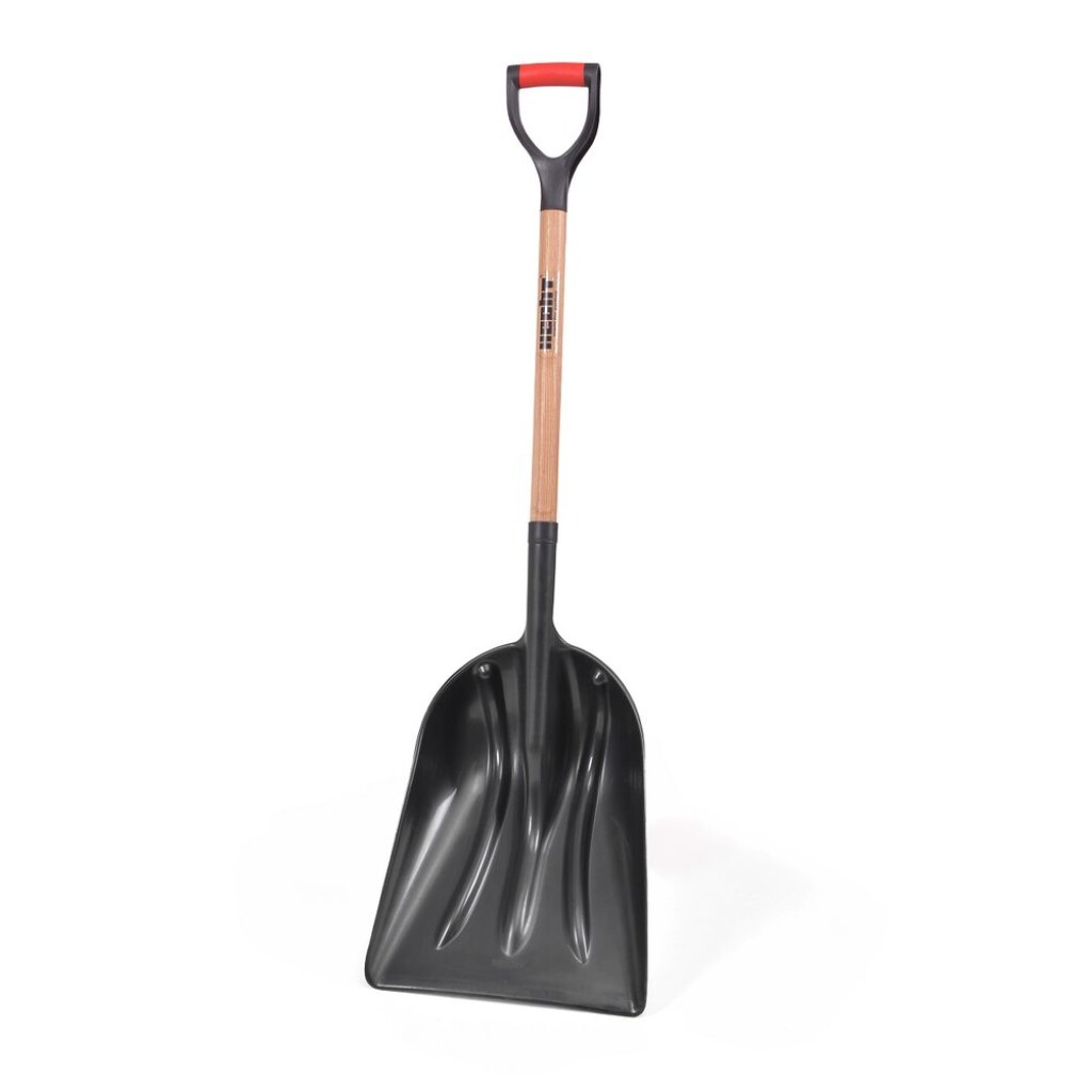 Plastic snow shovel with wooden handle. The working width is 37 cm.