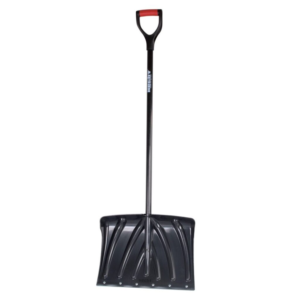 Plastic snow shovel with plastic handle reinforced with steel tube
