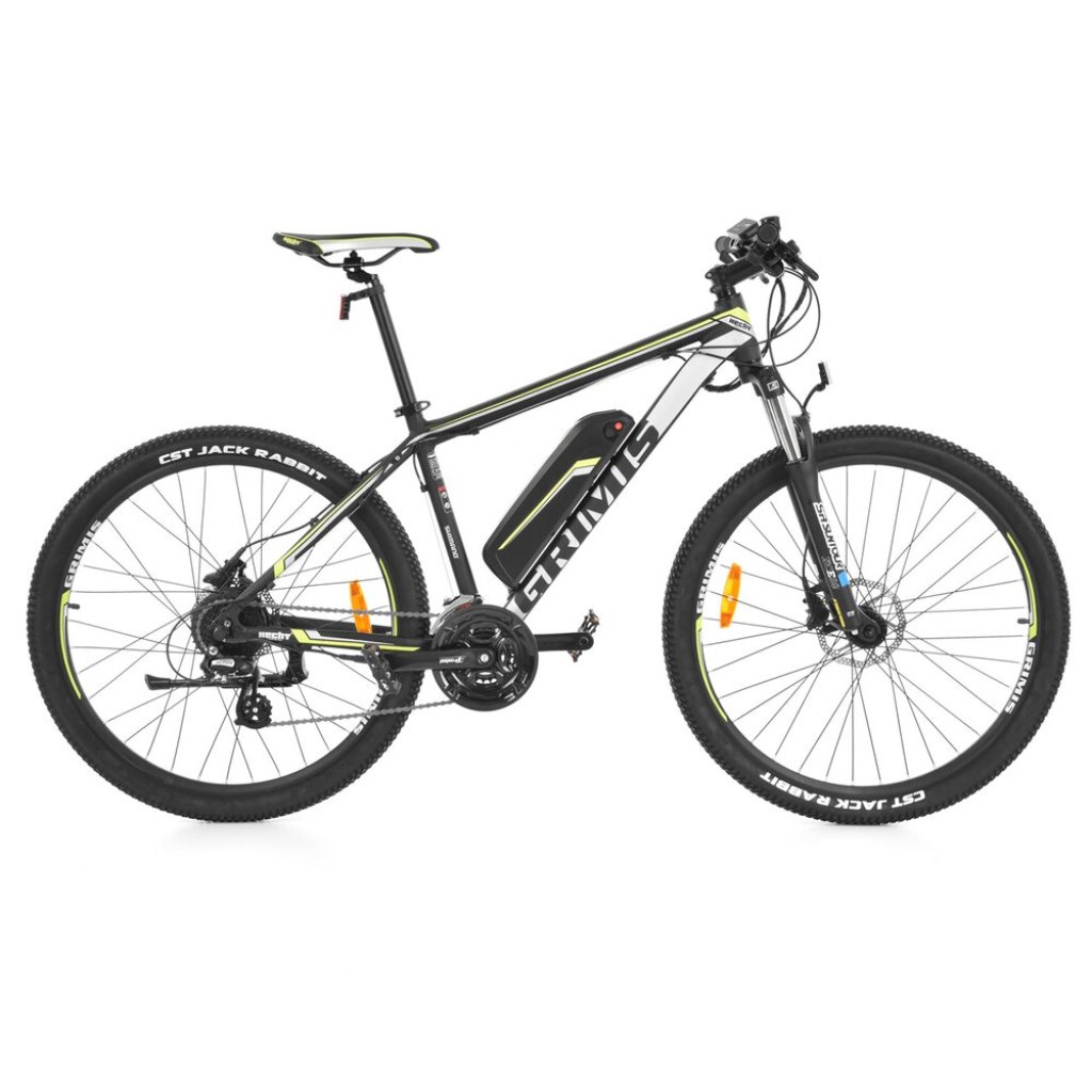 HECHT GRIMIS GREEN outdoor sports e-bike. Shimano derailleur. Front sprung and adjustable fork. Disc brakes. Aluminum frame with battery 36 V / 14 Ah. Engine 250 W. 27.5" wheels. Weight 20
