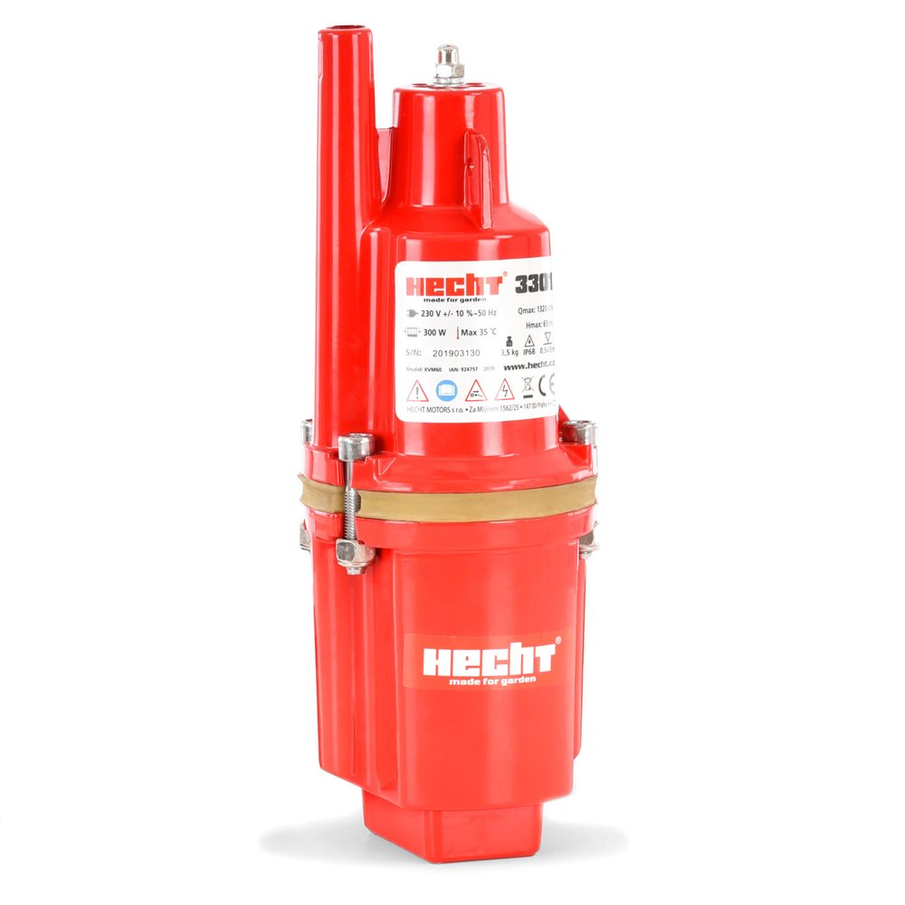 Submersible pump - HECHT 3301 Submersible vibrating pump with a transfer volume of 1400 l/hr. Max. discharge 55 m. Power input 300 W. Cable length 10 m. 3/4" flange.