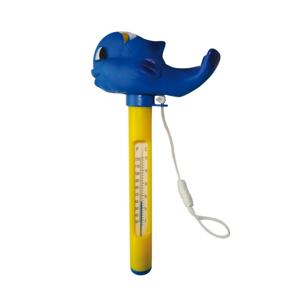 Pool thermometer with dolphin-shaped float. Mercury-free.