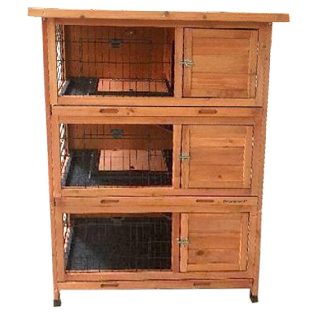 Prominent Emily is a three-storey rabbit hutch made from durable fir wood with a roof covered in asphalt shingles. Practical design with separate doors for each compartment.