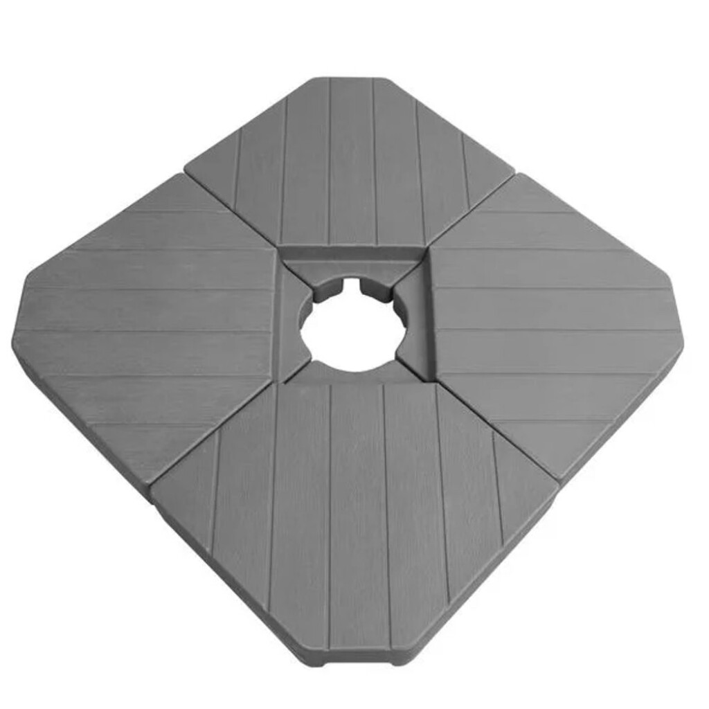 Weight plates for umbrella base. 4 pieces (each 50×50×6 cm) fillable with water or sand. Max. weight 4 x 26 kg. Suitable for HECHT SANDY I.