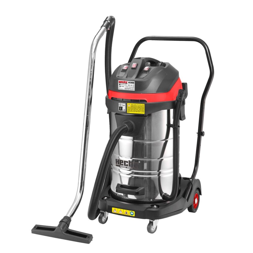 Powerful vacuum cleaner with three electric motors. Power input 3000W. Suction power (vacuum) up to 21 kPa. Tank capacity 60 litres. Weight 26 kg. Wet and dry system.
