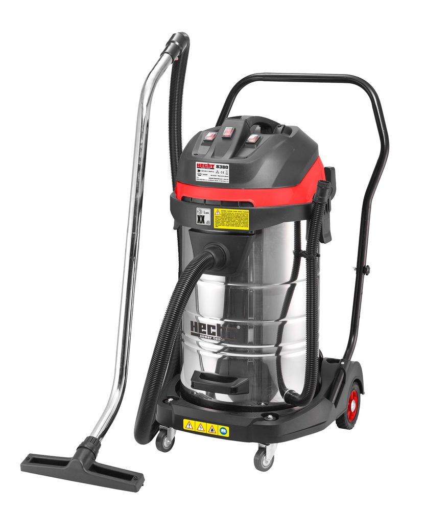 Vacuum cleaner - HECHT 8380 Powerful vacuum cleaner with three electric motors. Power input 3000W. Suction power (vacuum) up to 21 kPa. Tank capacity 60 litres. Weight 26 kg. Wet and dry system.