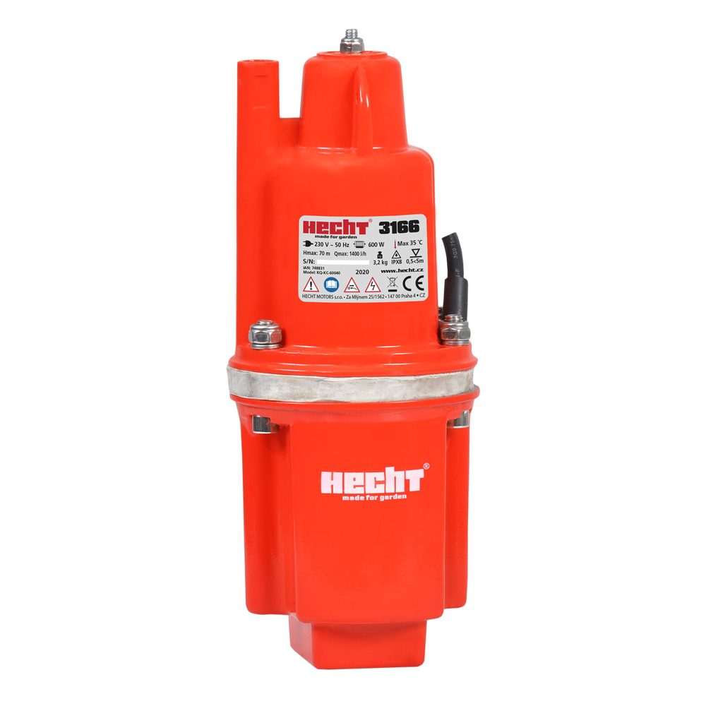 Vibration drowned pump - HECHT 3166 Vibration drowned pump with a transfer volume of 1400 l/hr. Max. discharge 70 m. Power input 600 W. Cable length 10 m. 3/4" flange.