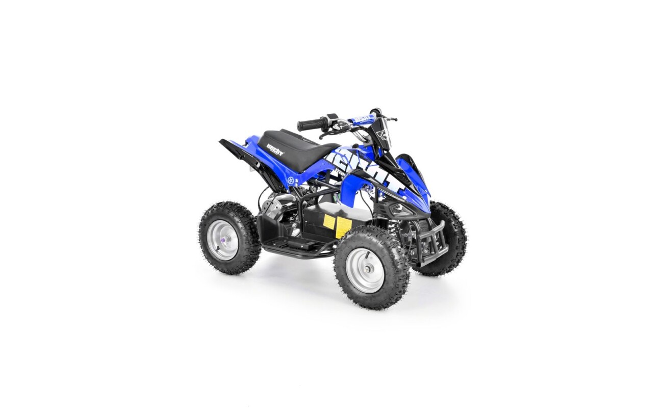 Electric ATV with 800 W engine. Power supplied by 36 V battery with 12 Ah capacity. Speed max. 20 - 25 km/h. Equipped with big 6" wheels. Weight 42 kg. Battery indicator