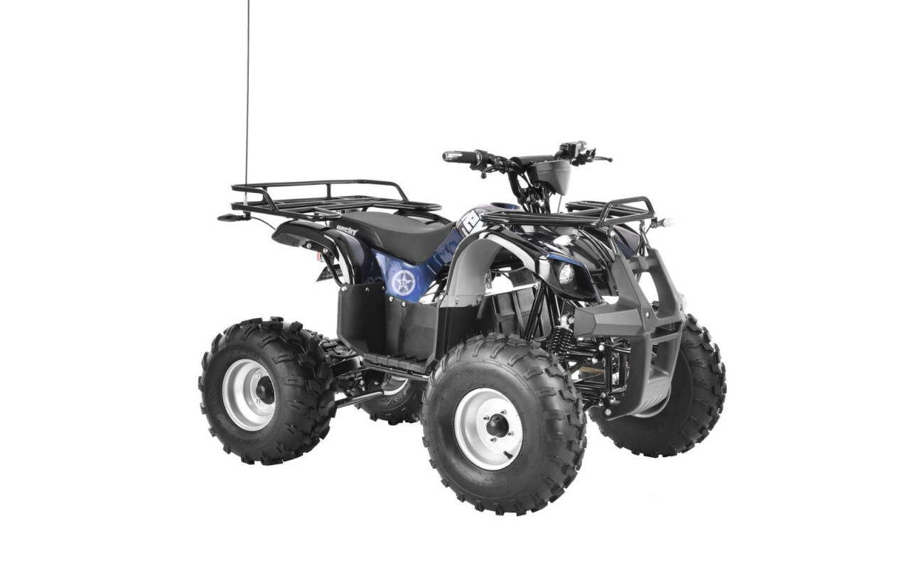 Accu ATV with metal frame. Engine 1200W. Speed up to 70 km / h. Battery 60V / 20Ah. Maximum weight capacity: 120 kg. The calculated range is up to 42 km (battery fully charged). Dimensions (L x W x H): 145 x 102 x 96 cm.