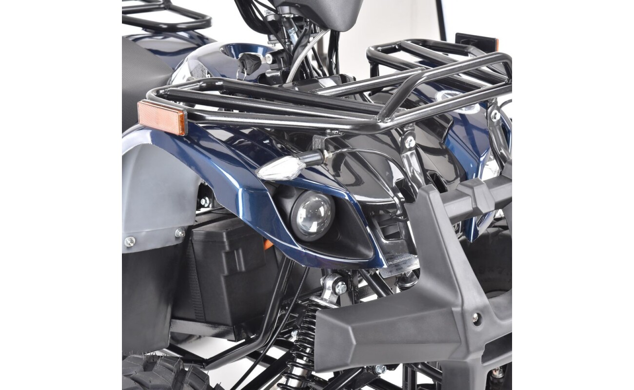 modern large LED display with information about speed and battery charge level. Keyless ignition. Built in ALARM. Multi stage suspension adjustment. Direct drive electric engine 1200 W. Battery 72V/20Ah. Charging time 8 - 10 hours. 2" towing hitch. The calculated range per charge is 48 km. Maximum weight capacity 120 kg. Dimensions (L x W x H): 145 x 102 x 96 cm.