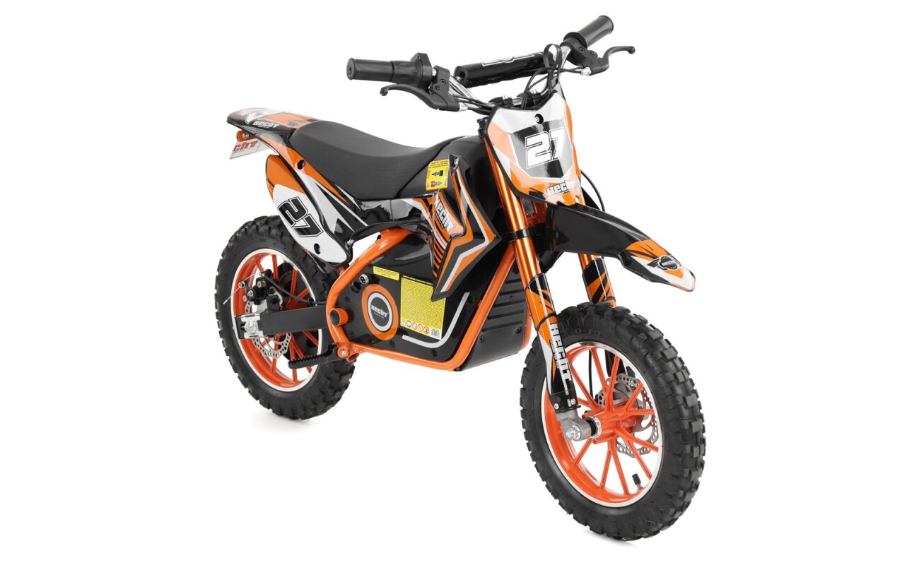 ACCU cross motorbike. Battery 36 V / 8 Ah. Electric engine 500 W. Maximum weight capacity 75 kg. Speed 7 - 25 km / h. Range 20 km. 2.5-10 "wheels. Enduro tires. Alloy rims. Front/rear disc brake. Three speeds. Charging time 8 hours approx. (charger included). Lenght 125 cm. Height 80 cm. Weight 25 kg.