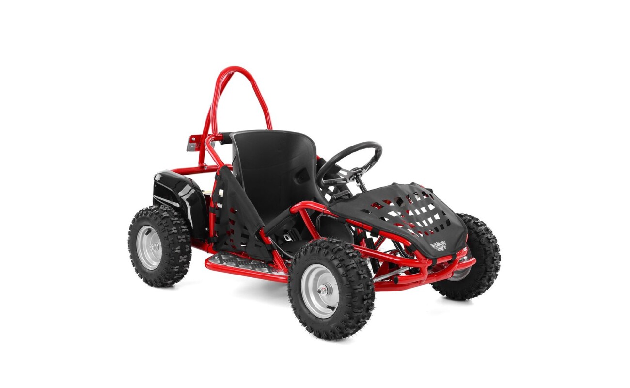 Accu buggy with metal frame. Speed up to 35 km / h. Electric motor 500 W. Maximum weight capacity: 80 kg. The seat is equipped with a safety seat belt. The seat can be adjusted to the size of the driver.