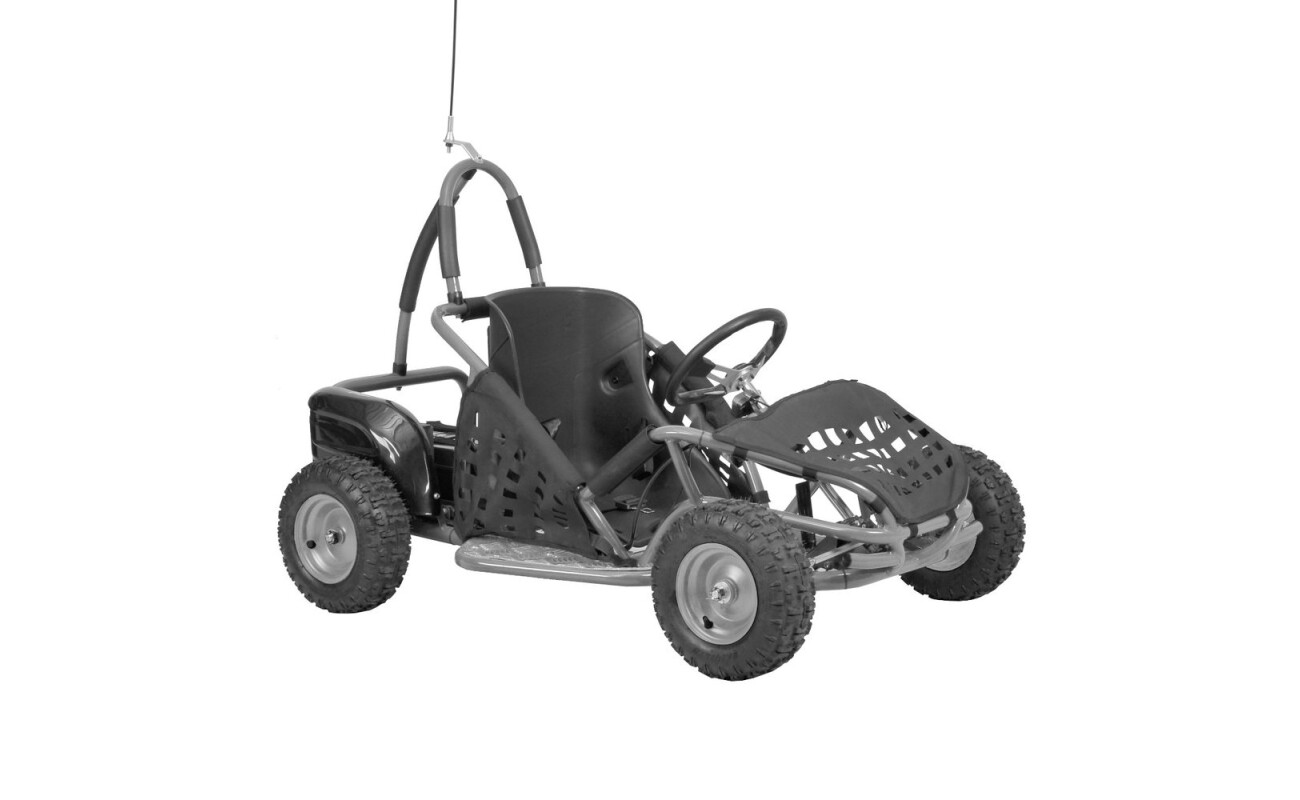Accu buggy with metal frame. Speed up to 35 km / h. Electric motor 500 W. Maximum weight capacity: 80 kg. The seat is equipped with a safety seat belt. The seat can be adjusted to the size of the driver.