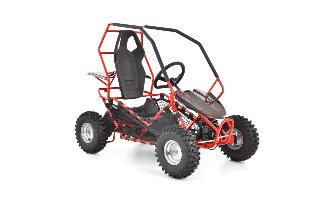 Accu buggy with metal frame. Speed up to 30 km / h. Electric engine 500 W. Battery 36 V /12 Ah. Maximum weight capacity: 54 kg. The seat is equipped with a safety seat belt. The seat can be adjusted to the size of the driver.