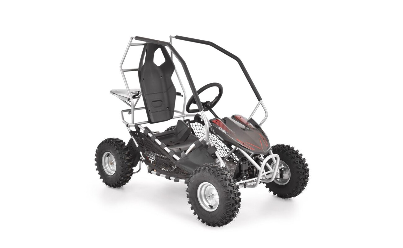 Accu buggy with metal frame. Speed up to 30 km / h. Electric engine 500 W. Battery 36 V /12 Ah. Maximum weight capacity: 54 kg. The seat is equipped with a safety seat belt. The seat can be adjusted to the size of the driver.