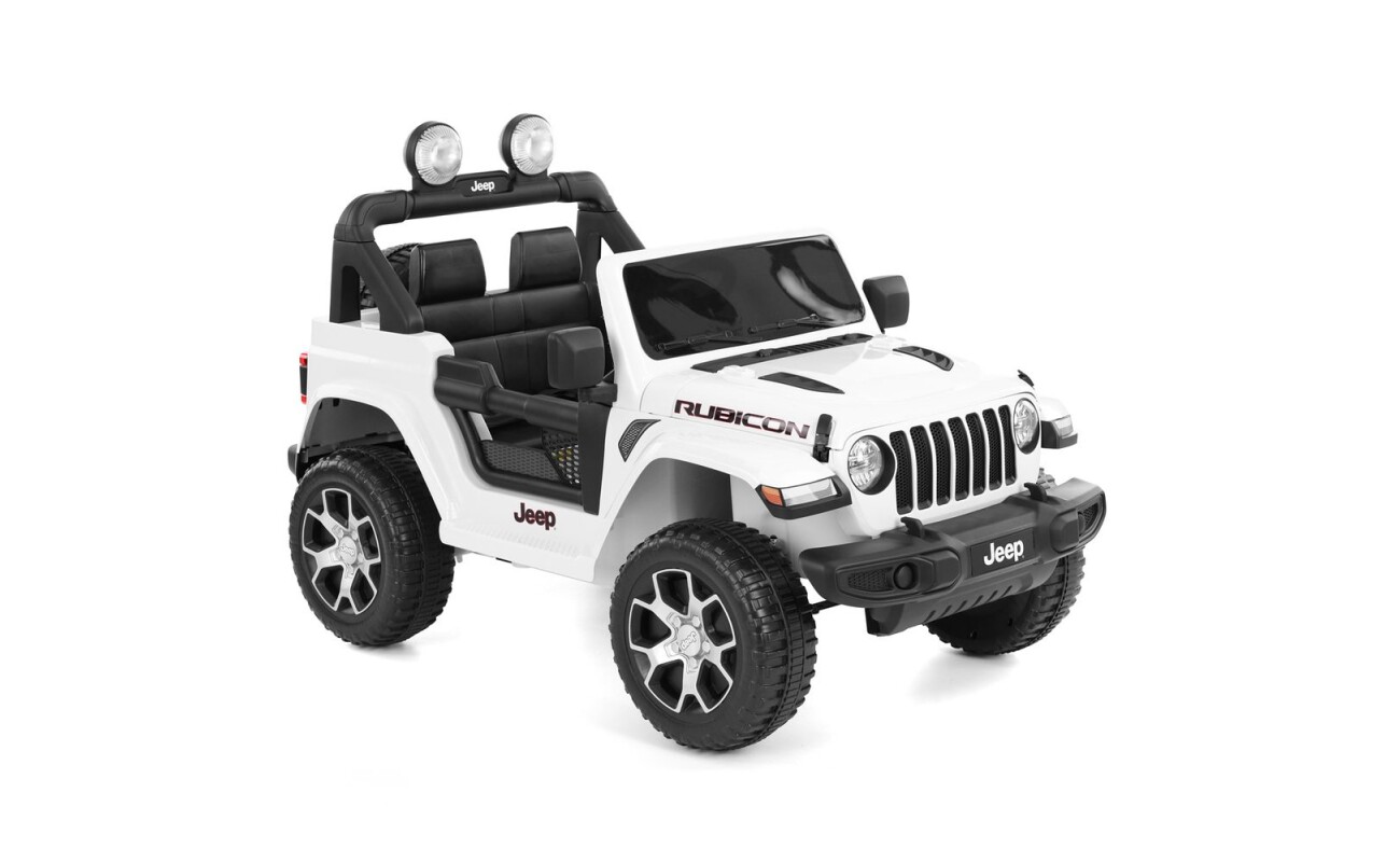 Accu car for kids Jeep Wrangler Rubicon. Recommended age 3 - 8 years. Maximum weight capacity 35 kg. Battery 12 V/10 Ah /. Electric engine 2 x 35 W. Sound and light effects