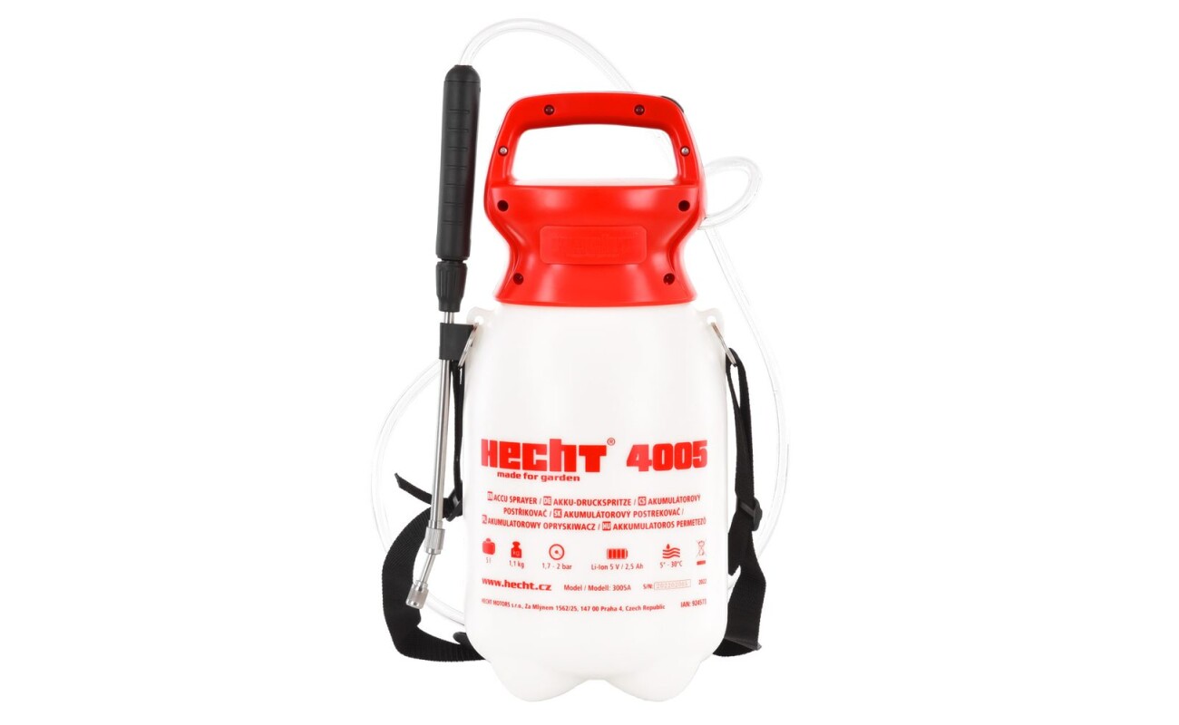 Cordless pressure sprayer. Telescopic tube with nozzle. Operating time per charge up to 120 minutes. Tank 5 l.