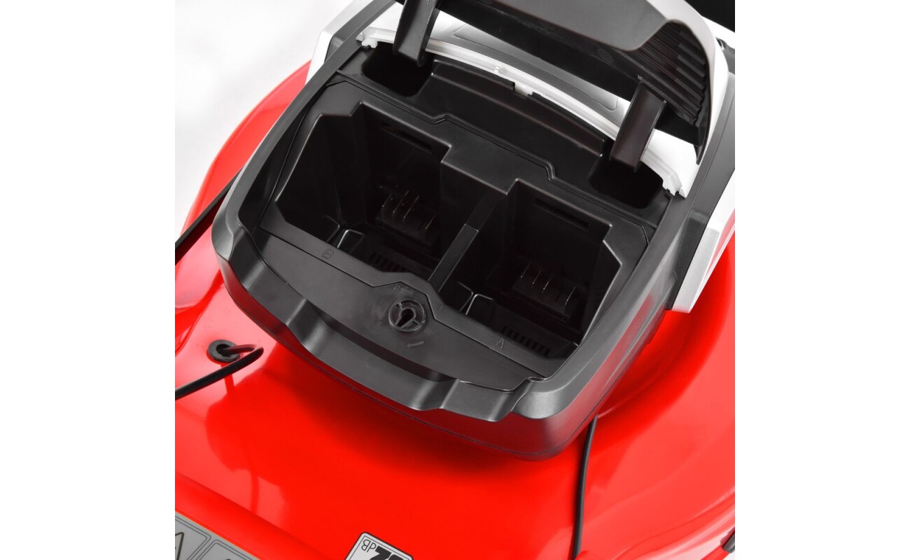 0 Ah. Width of cut 51 cm. Centraly set height of cut 25-75 mm. Grass box capacity 60 litres. Steel chassis. Weight 27