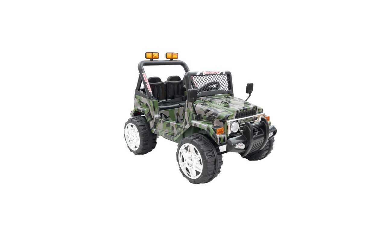 Accu off road car for kids with camouflage paint. Recommended age 3 - 8 years. Maximum weight capacity 30 kg. Battery 2 x 6V / 10 Ah. 2 speeds