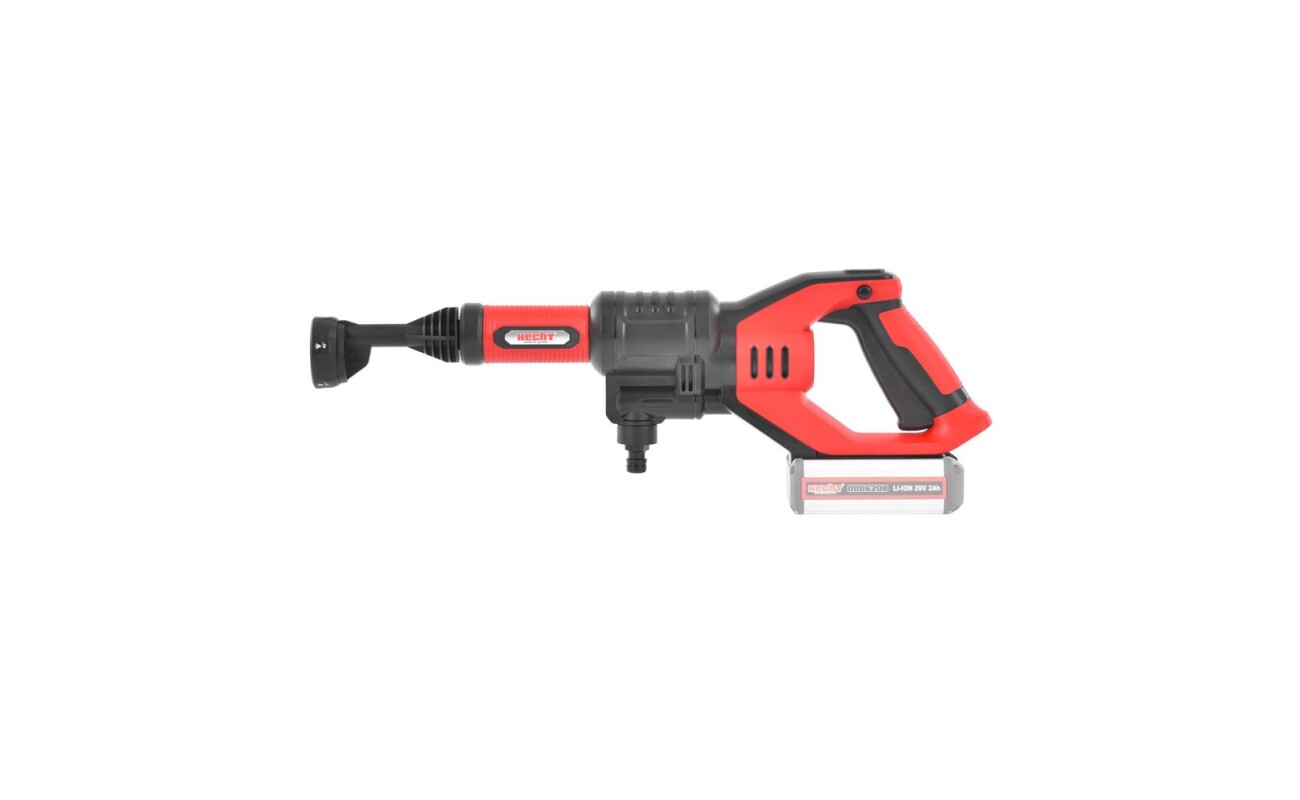 Accu self-priming pressure washer can be connected to a regular water supply or suck clean water from a tank with a hose. Battery 20V / 2Ah. Max pressure 20 bar.