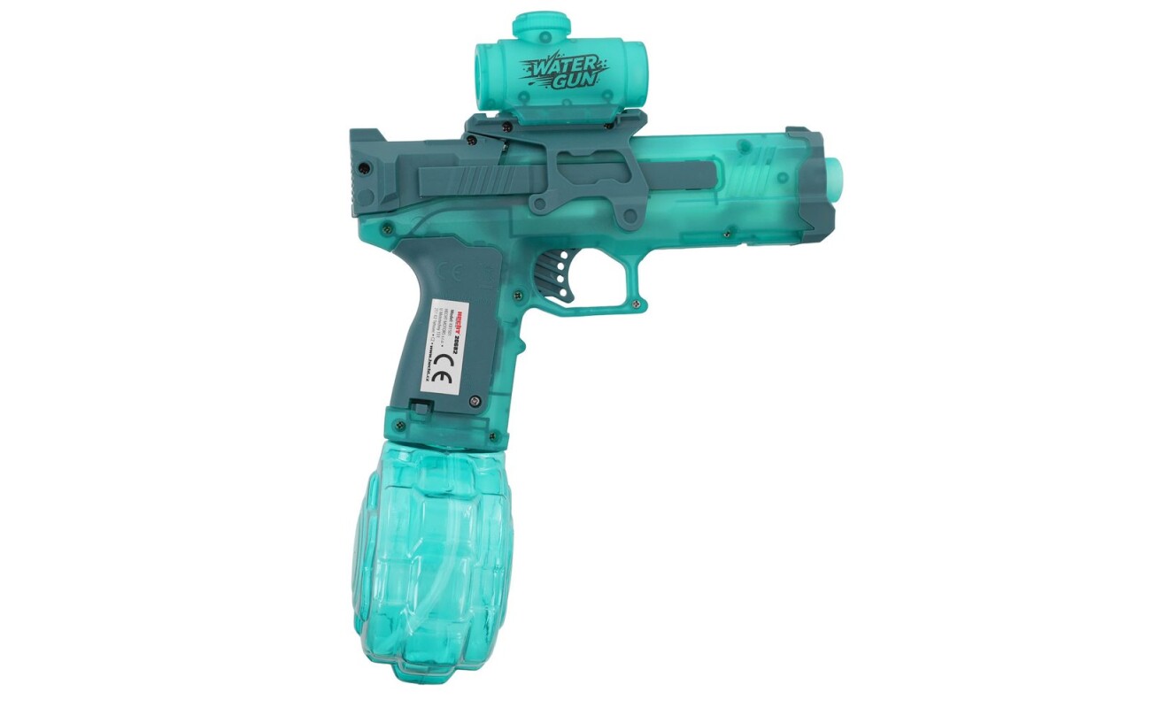 Battery-powered water spray gun. Shooting range up to 9 m.