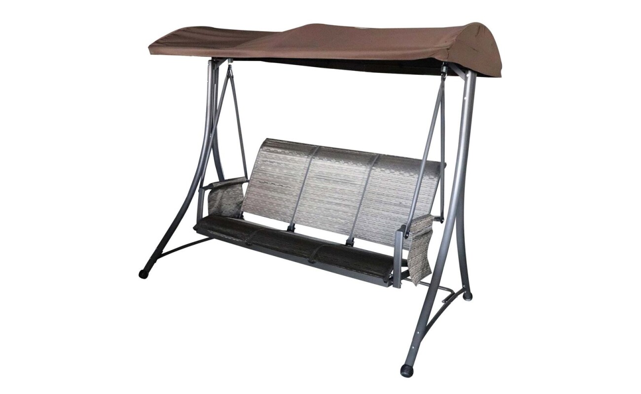 Robust garden three-seater bench swing with a roof and luxurious storage pockets. Dimensions: (L x W x H): 130 x 185 x 170 cm. Load capacity: 240 kg.