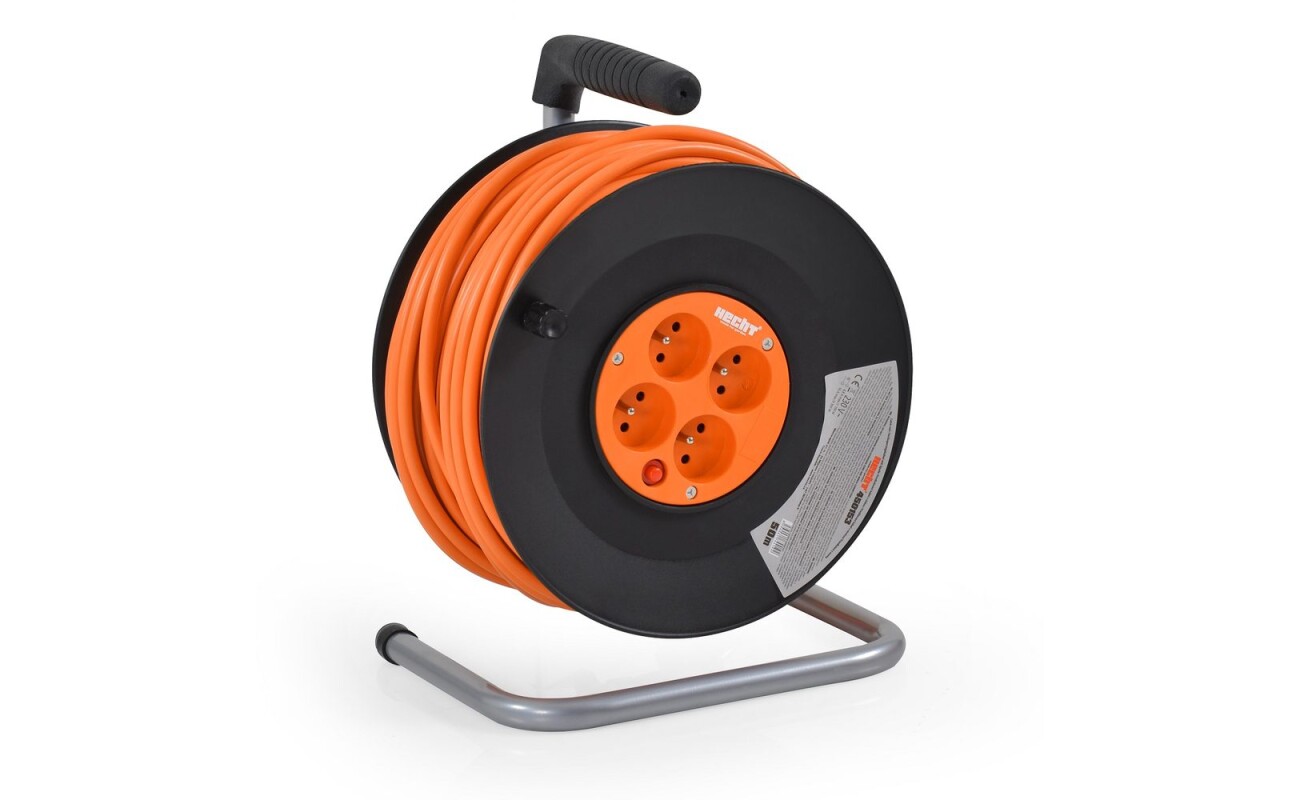 Extension cable on spool 50 m / 4x socket. Conductor cross section 3 x 1.5 mm. Extension cable on a 50 m long coil