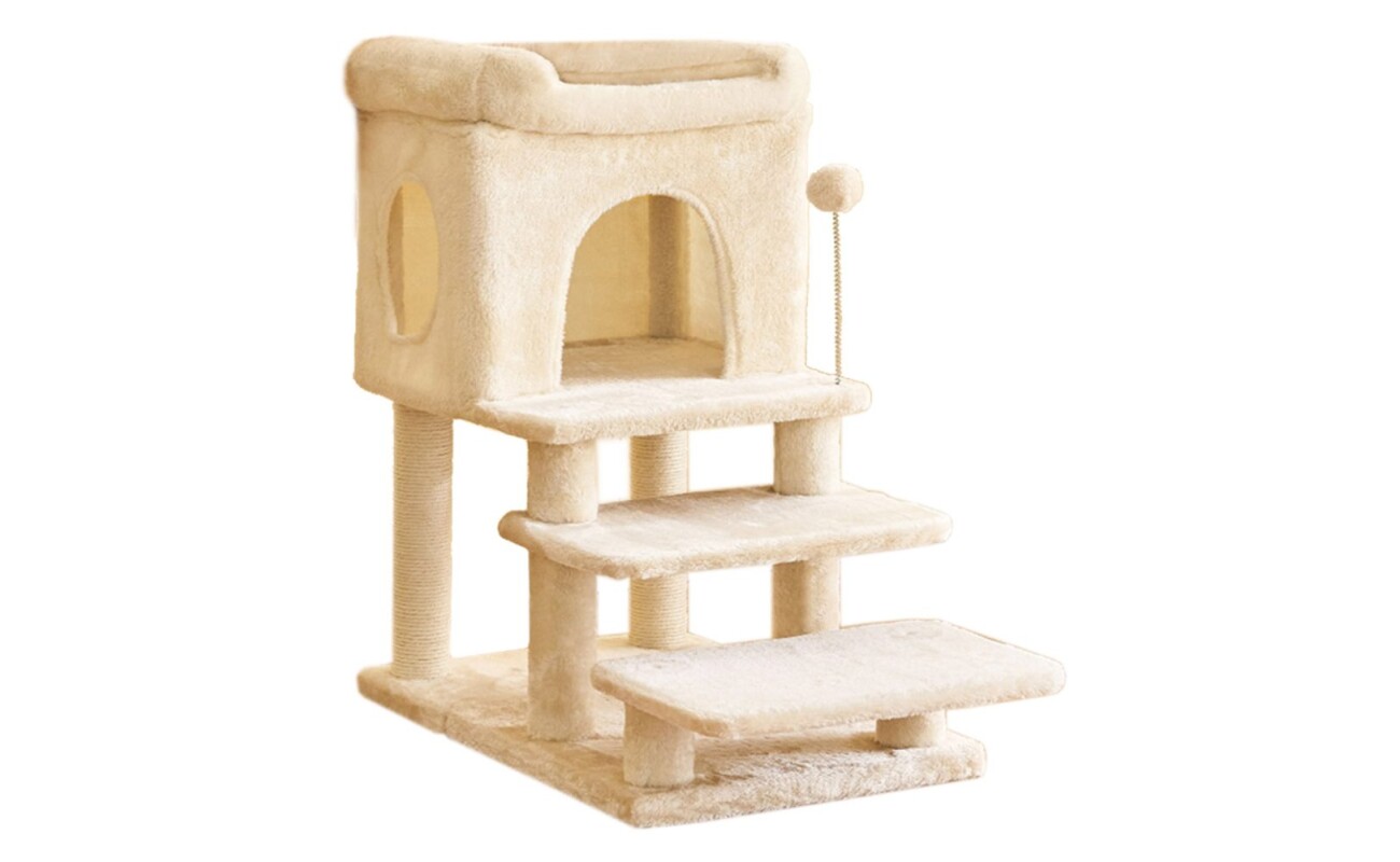 Elegant scratching post with resting area and hideaway house