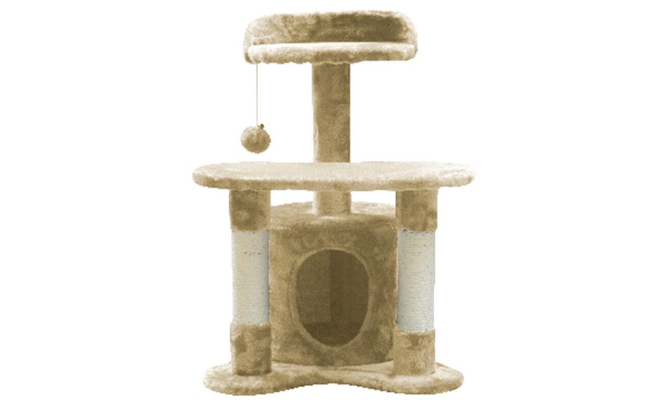 Compact scratching post with climbing levels and toy. Height 65 cm.